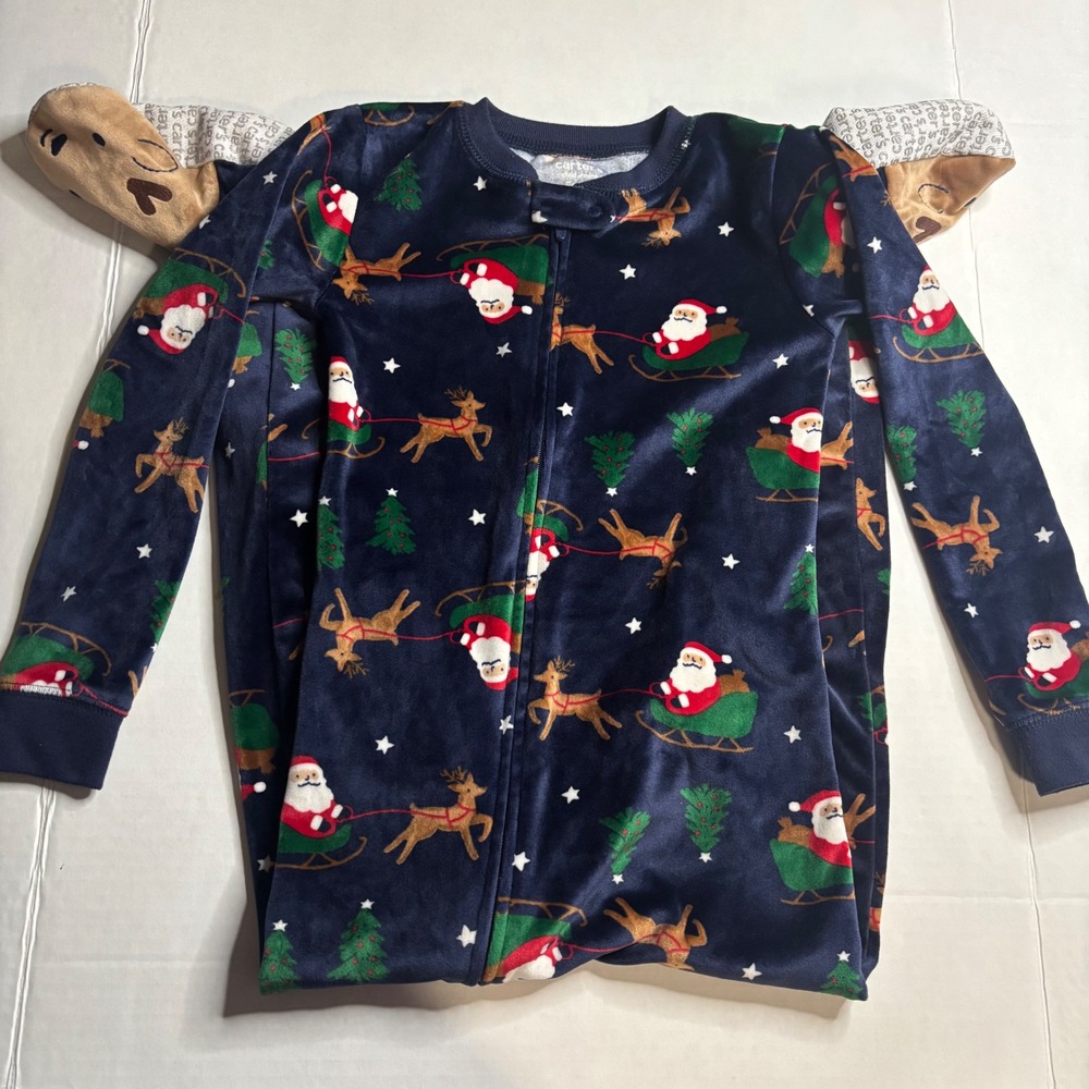 Carters Child of Mine Santa Reindeer Fleece Footed Pajamas Navy Blue 5T Kids